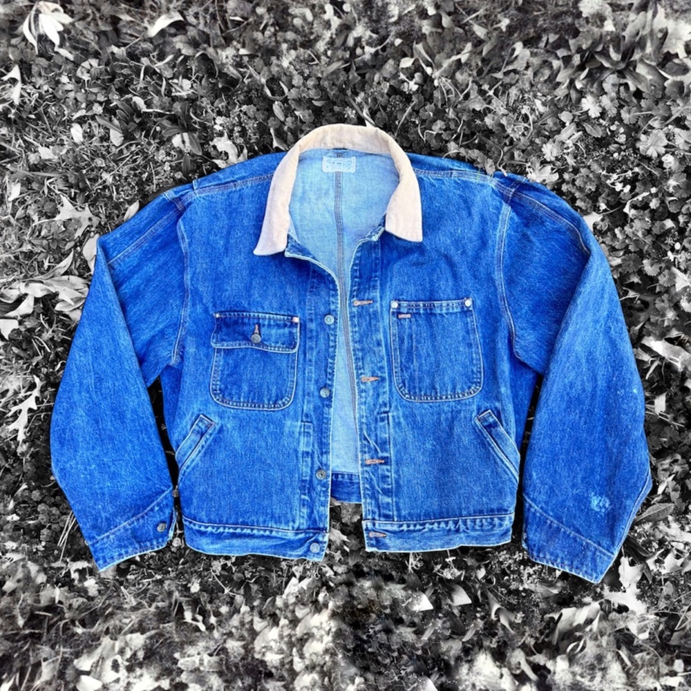 Vintage 90s Polo RL Dungarees USA Corduroy Collar Trucker Blue Jean Jacket XL